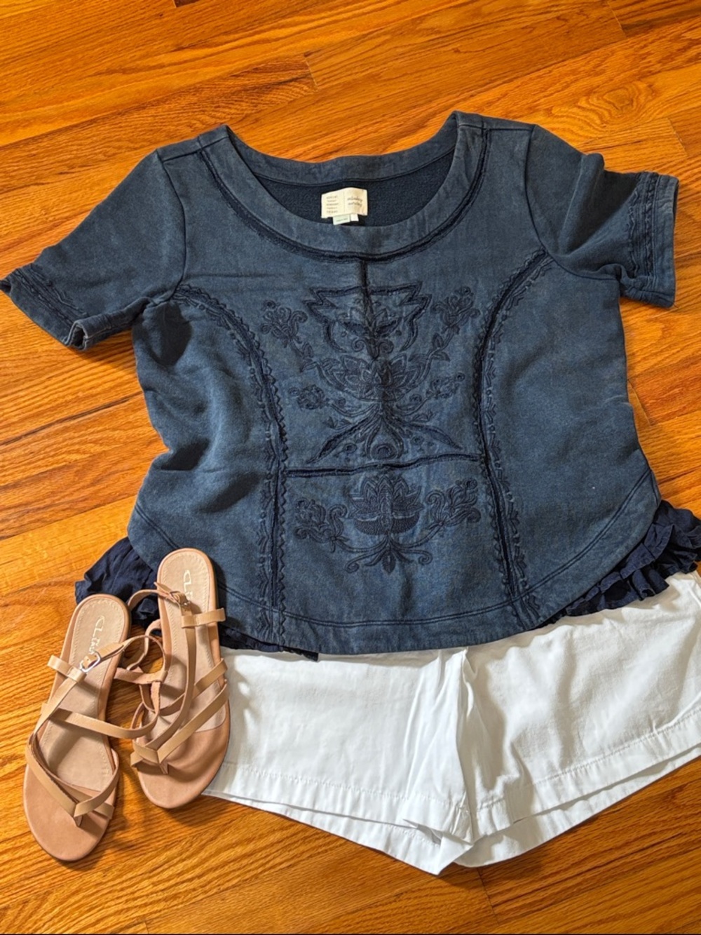Anthropologie Navy Embroidered Short Sleeve Top